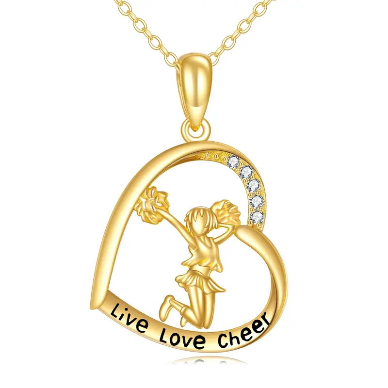 14K Gold Round Cubic Zirconia Dancing Girl & Heart Pendant Necklace