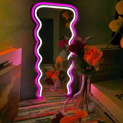 CTTNLS Wavy Mirror Neon Sign Light, USB Powered Wall Mounted Irregular Decorative Mirror Neon Light, Decorative Light for R...