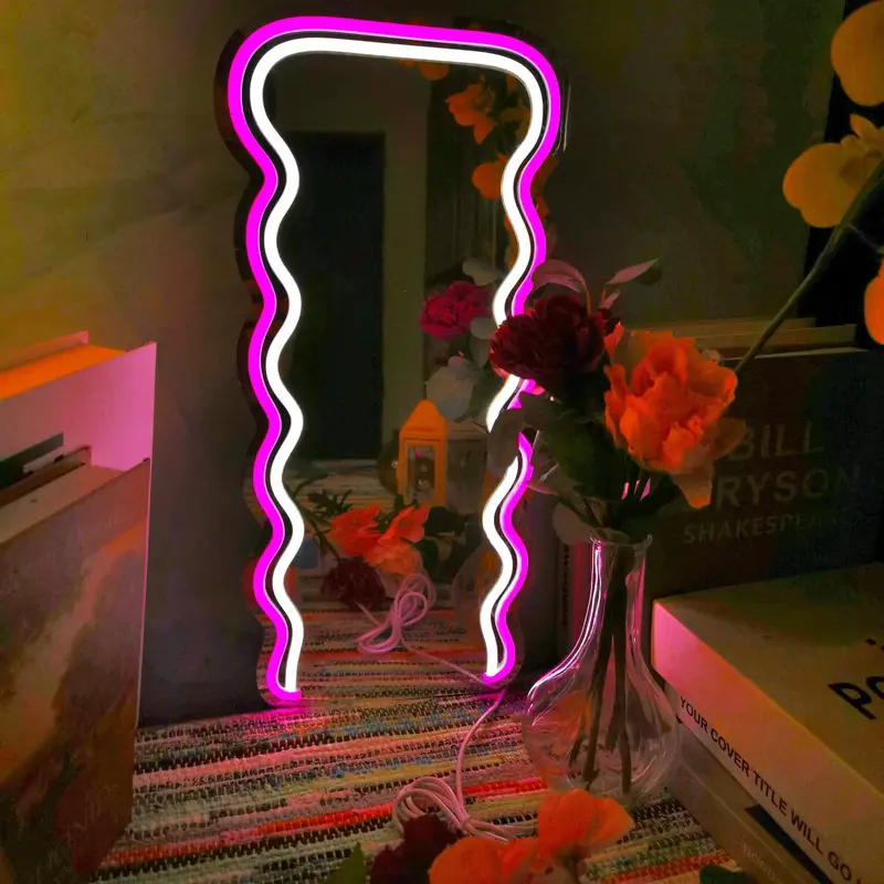 CTTNLS Wavy Mirror Neon Sign Light, USB Powered Wall Mounted Irregular Decorative Mirror Neon Light, Decorative Light for R...