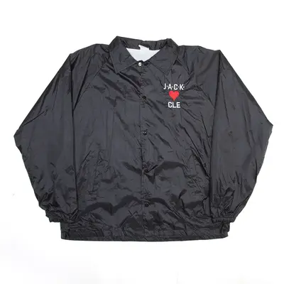 Heart Embroidered Black Nylon Coach Jacket Mens L
