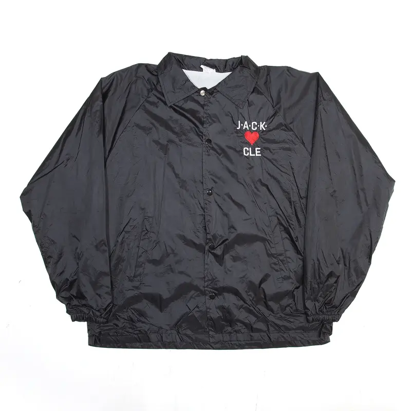 Heart Embroidered Black Nylon Coach Jacket Mens L