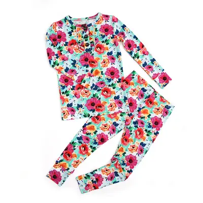 Maggie Ruffle piece Set Bamboo Toddler Outfit Floral Buttons girl white two