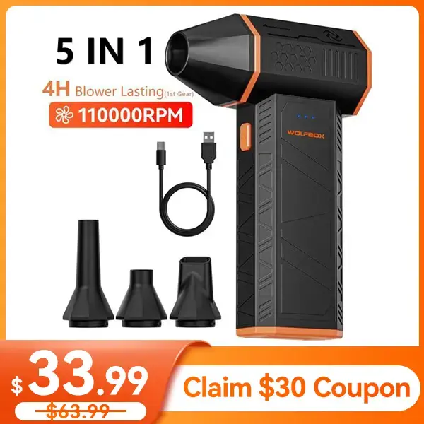 WOLFBOX MF50 Electric Air Duster 110000RPM 5000mAh Super Power Cordless Blower with 3-Gear Adjustable Nozzles for PC Keyboard...