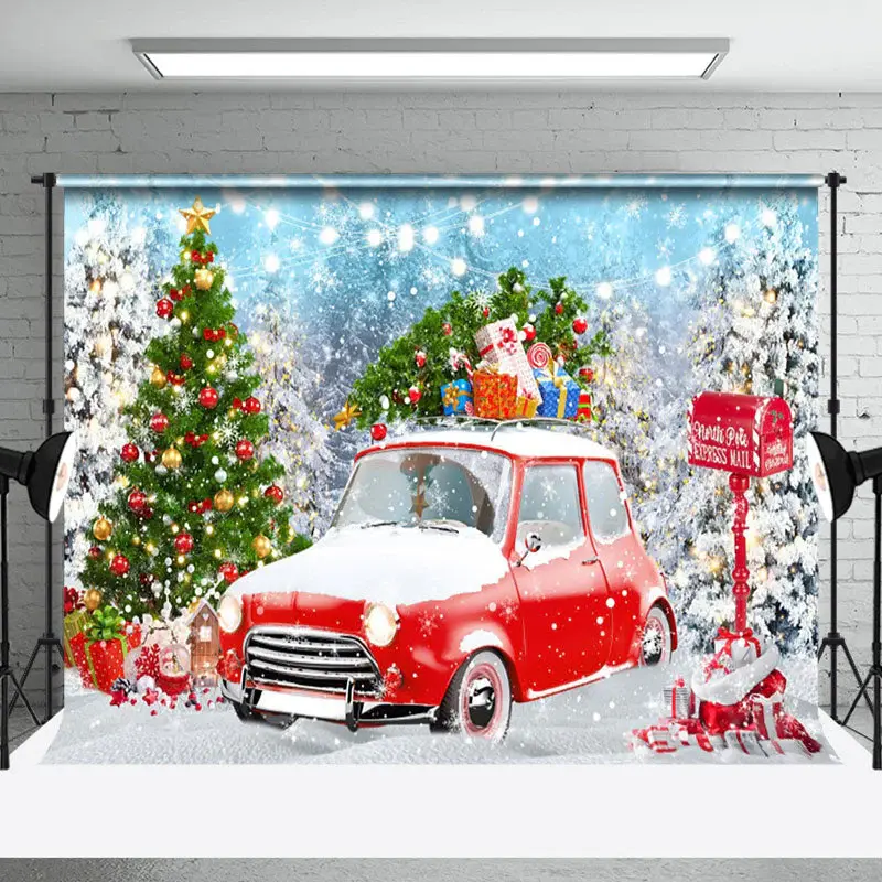 Aperturee Snowfall Field Red Car Tree Merry Christmas Backdrop - Aperturee
