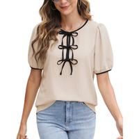 CiCiBird Womens Dressy Casual Shirt Summer Work Blouses Tie Front Puff Short Sleeve Tops