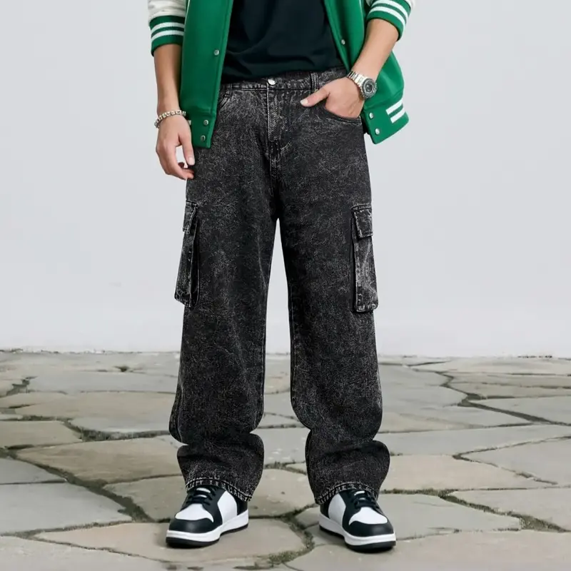 GINGTTO Men's Baggy Hip Hop Jeans Fashion Wide Leg Skateboard Pants Streetwear Cargo Denim Pants