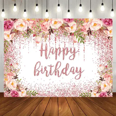 Aperturee Glitter Pink Floral Happy Birthday Backdrop For Girl