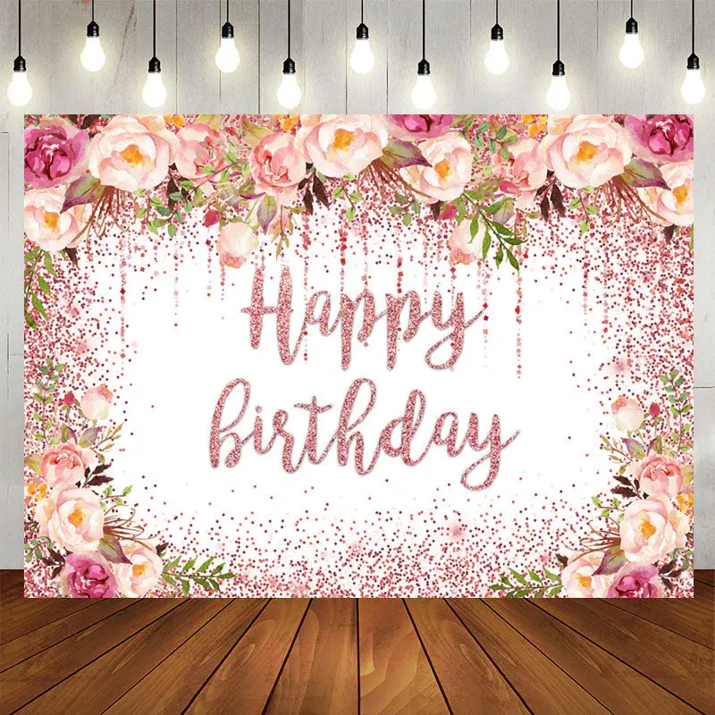 Aperturee Glitter Pink Floral Happy Birthday Backdrop For Girl