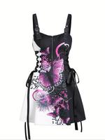 Women's Graphic Print Lace Up Zipper Cami Dress, Casual Butterfly Print Sleeveless Short Dress for Summer, Ladies Clothes ...
