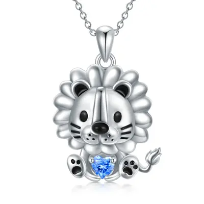 Sterling Silver Lion & Heart Pendant Necklace With Blue Crystal