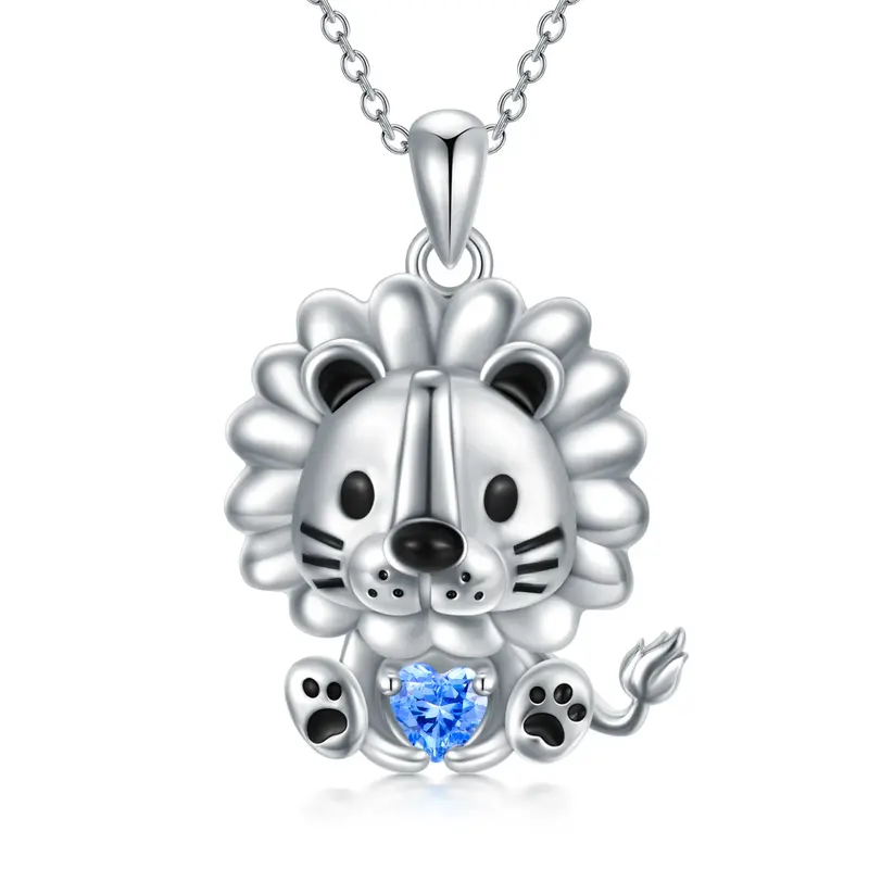 Sterling Silver Lion & Heart Pendant Necklace With Blue Crystal