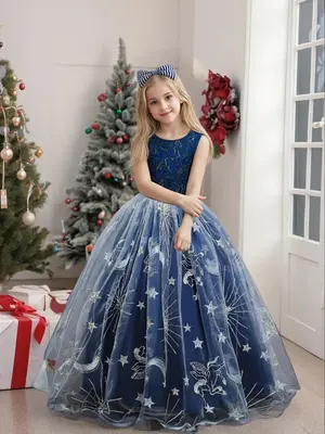 Girl's Star & Moon Embroidery Dress, Elegant Round Neck Dress for Party Show Wear, Kids Clothes for All Seasons