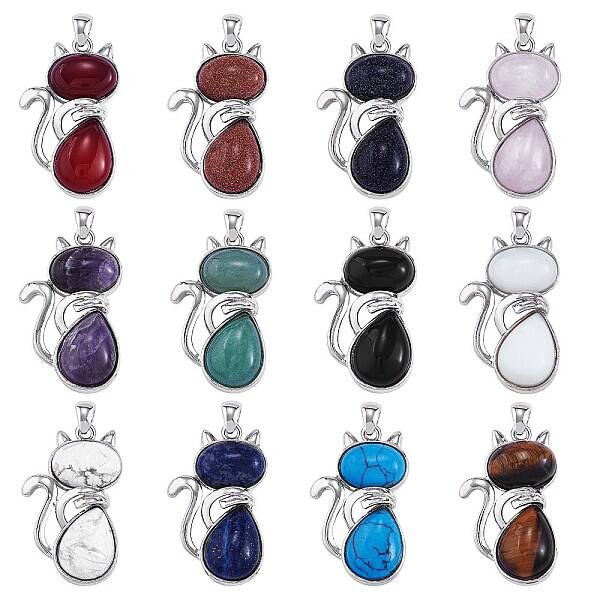 12Pcs 12 Style Natural & Synthetic Gemstone Kitten Pendants