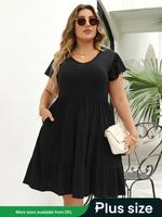 【Plus Size】 Plain Ruffle Hem Butterfly Sleeve A Line Dress, Casual V Neck Short Sleeve High Waist Dress for Summer, Wome...