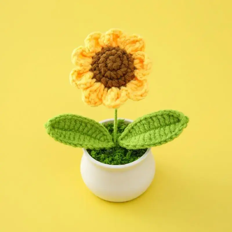 Knitted Sunflower Potted Flower, 1 Count Creative Desktop Artificial Decorative Potted Plant, Flower Decoration for Home, Ga...