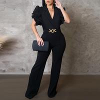 ChicMe Women's Leopard Pattern Contrast Sequin Deep V Neck Short Puff Sleeve Jumpsuits Metal O-Ring Decor Casual Flared Overa...