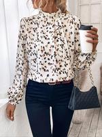 Women's All Over Print Plicated Blouse, Elegant Keyhole Back Bishop Sleeve Top for Spring & Fall, Ladies Clothes for Work Off...