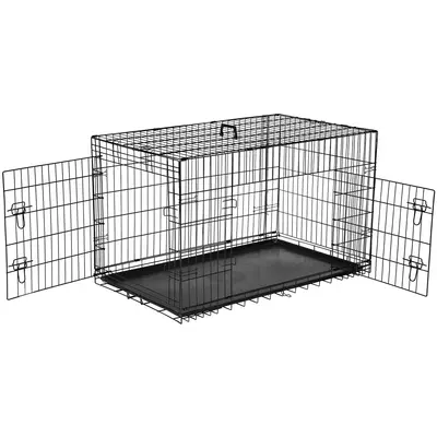Large Dog Crate with Divider Panel, 24''/30''/36''/42''/48'' Double Door Folding Metal Wire Dog Cage with Plastic Leak-Proof ...
