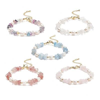 5Pcs 5 Style Natural Mixed Gemstone Chips & Pearl Beaded Bracelets Set for Women
