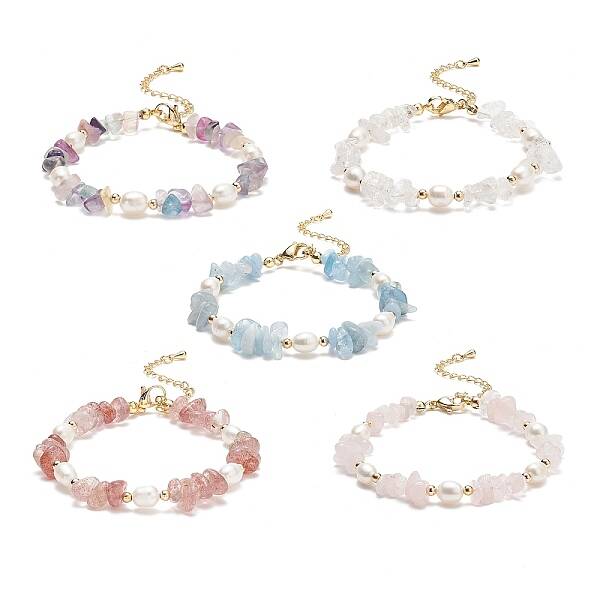 5Pcs 5 Style Natural Mixed Gemstone Chips & Pearl Beaded Bracelets Set for Women