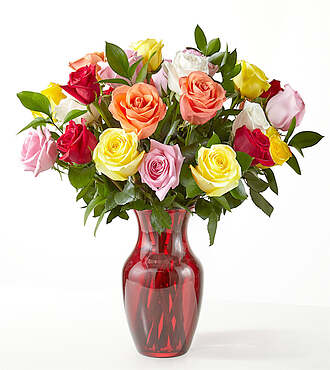Mixed Roses - 24 Roses With Red Vase - FedEx