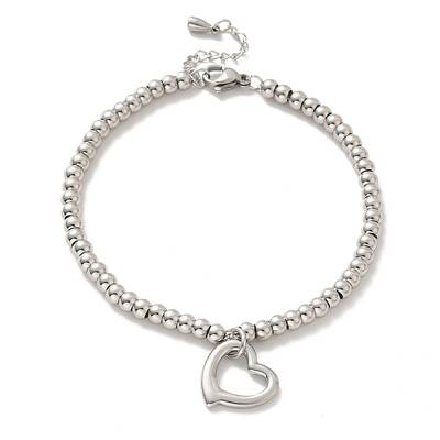 Tarnish Resistant 304 Stainless Steel Heart Charm Bracelet with 201 Stainless Steel Round Beads for Women