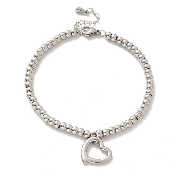Tarnish Resistant 304 Stainless Steel Heart Charm Bracelet with 201 Stainless Steel Round Beads for Women