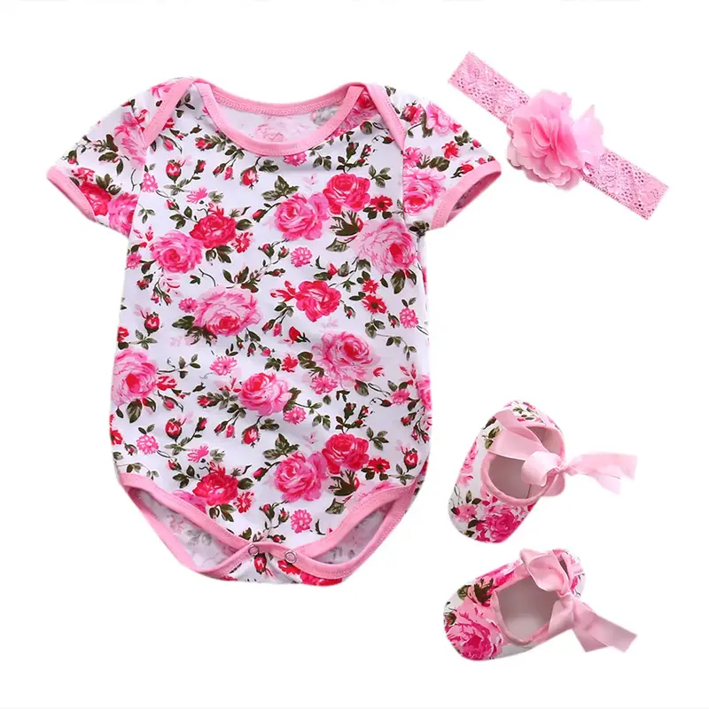 Newborn Baby Girls Summer Clothes Set 0 3 6 12 Months Short Sleeve Romper Floral Jumpsuit Romper+Shoes+Headband Set