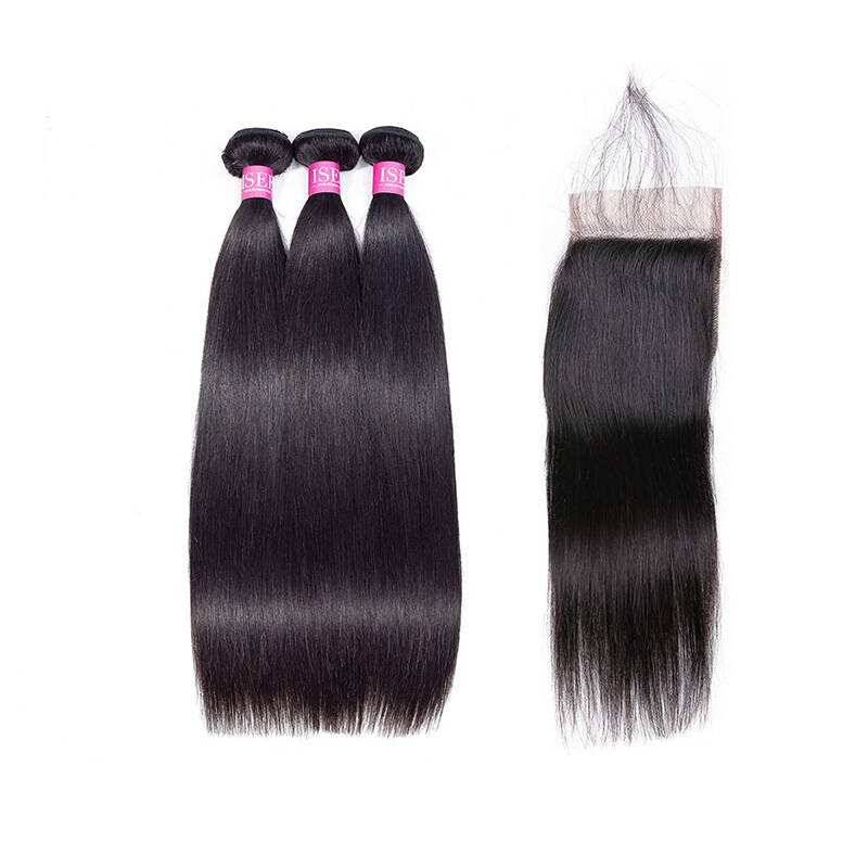 ISEE HAIR 14A Grade 100% Human Virgin Hair Straight Hair 3 Bundles with Closure Deal