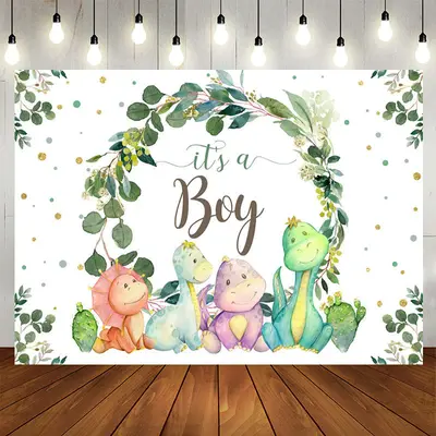 Aperturee Its A Boy Green Leaves And Dinosaur Baby Shower Backdrop