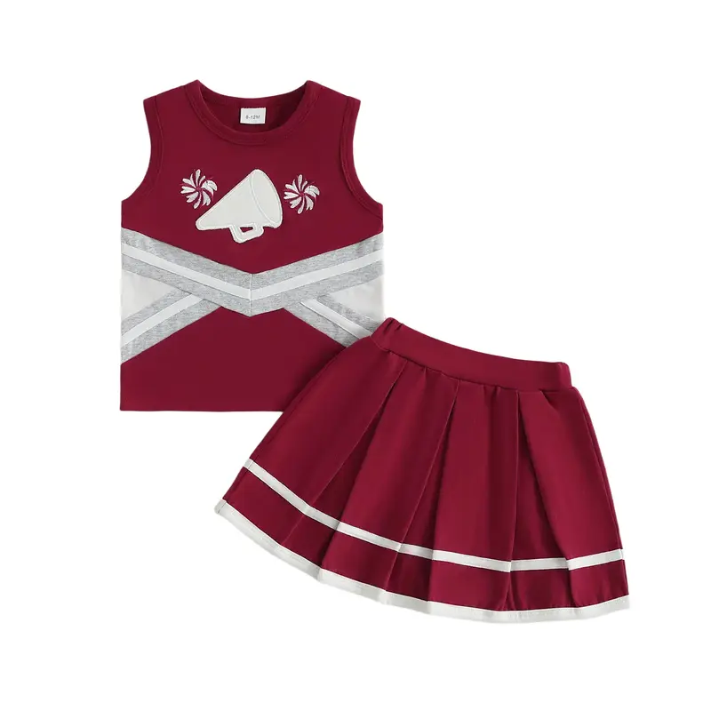 Girls Summer Cheerleading Outfits Sleeveless O Neck Contrast Color Sports Tank Tops A-line Skirt Cheer Uniform Costume