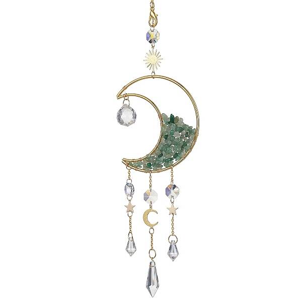 Wire Wrapped Natural Green Aventurine Chip & Brass Moon Pendant Decorations