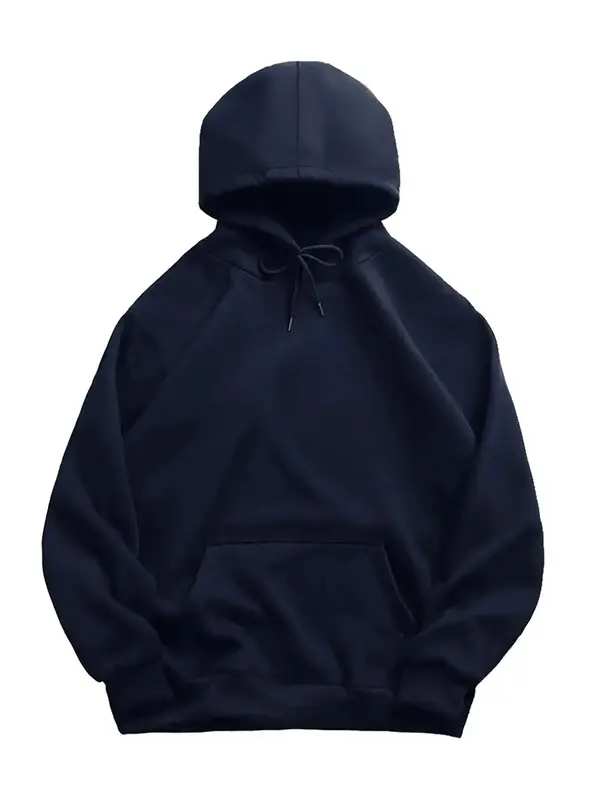 Men's Thermal Lined Solid Drop Shoulder Drawstring Hoodie, Loose Casual Pocket Long Sleeve Hooded Sweatshirt for Spring & Fal...