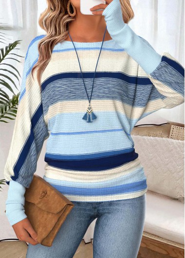 Modlily Light Blue Tummy Coverage Striped Long Sleeve T Shirt - XL