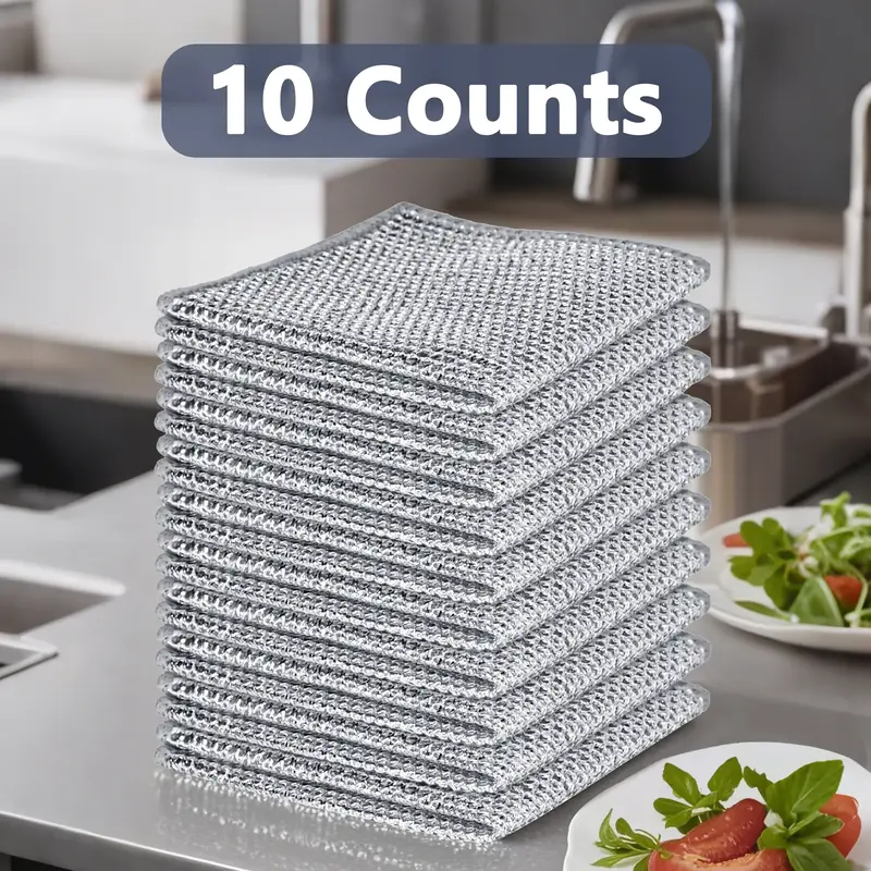 10 Counts Wire Dishwashing Rag, Heavy-Duty Steel Mesh Scrubber, Abrasive-Free Cleaning Cloth for Kitchenware, Pots, Pans and ...