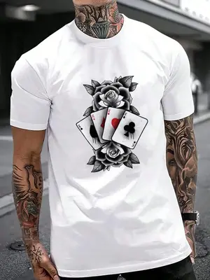 Men's Playing Card & Rose Print Round Neck Tee, Street Fashion Loose Short Sleeve T-shirt For Summer, Casual Menswear For Dai...