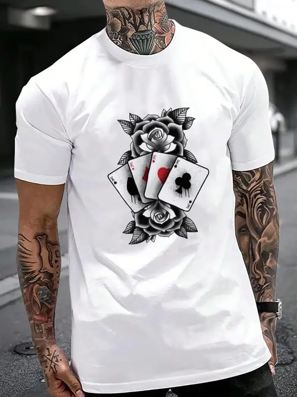Men's Playing Card & Rose Print Round Neck Tee, Street Fashion Loose Short Sleeve T-shirt For Summer, Casual Menswear For Dai...