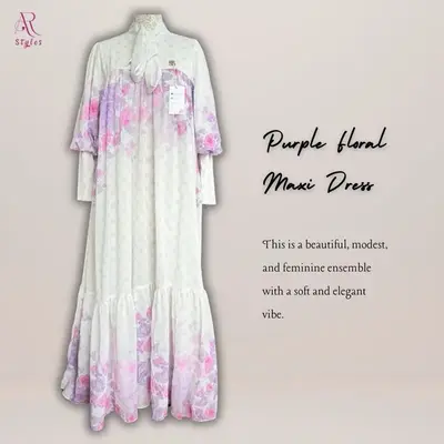 AR Styles Purple Floral Maxi Dress with Statement Bow-Tie Detail, Long Puffed Sleeves, Elegant Fit for Festive Occasions - Co...