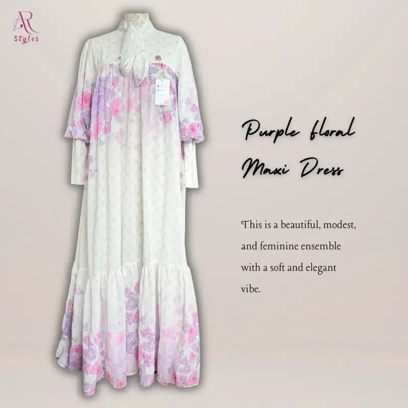 AR Styles Purple Floral Maxi Dress with Statement Bow-Tie Detail, Long Puffed Sleeves, Elegant Fit for Festive Occasions - Co...