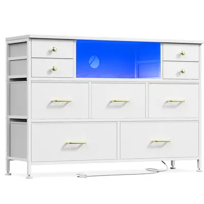 【FallDealsForYou】AOWOS 9 Drawer Dresser, Dressers for Bedroom TV Stand with Power Outlets LED Lights, Fabric Drawer, Ches...