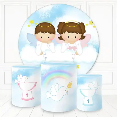 Aperturee Boy And Girl Angels Cloud Sky Round Baby Shower Backdrop Kit | Circle Background For Party | Custom Round Backdrop ...