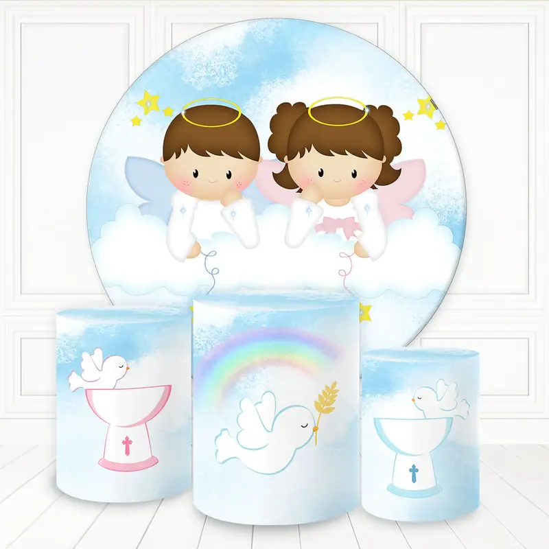 Aperturee Boy And Girl Angels Cloud Sky Round Baby Shower Backdrop Kit | Circle Background For Party | Custom Round Backdrop ...