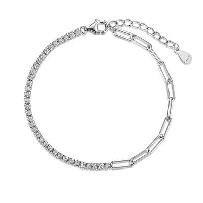 Rhodium Plated 925 Sterling Silver Pave Clear Cubic Zirconia Paperclip Chain Bracelets for Women