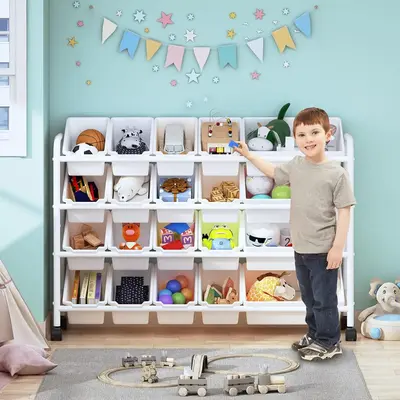 Kids Toy Storage Organizer with 20 Plastic Bins, 4-Tier Metal Storage Rack, Kids Bookshelf and Toy Organizer for Kids Room, P...