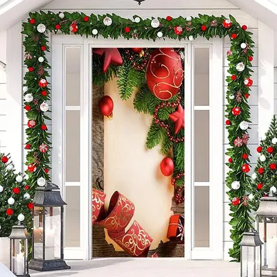 Wood Board Red Ball Green Leaf Christmas Door Cover - Aperturee