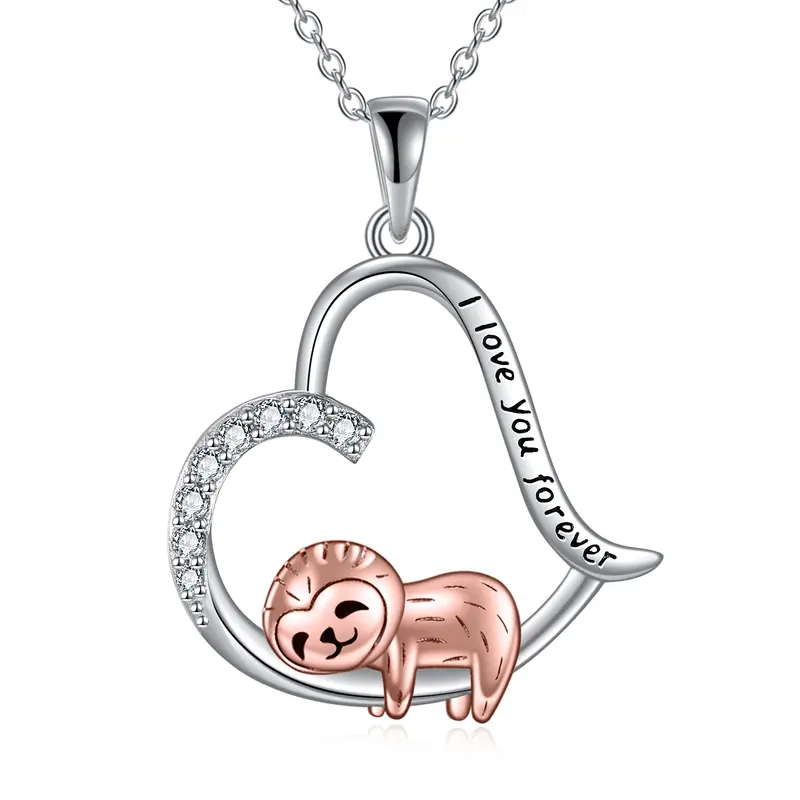 Sterling Silver Two-tone Circular Shaped Cubic Zirconia Sloth & Heart Pendant Necklace with Engraved Word