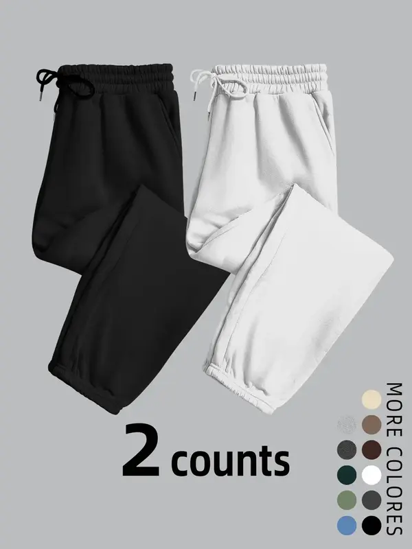 Men's Solid Color Drawstring Waist Pocket Sweatpants, Casual Comfy Warm Elastic Waist Trousers for Fall & Winter, Men's Botto...
