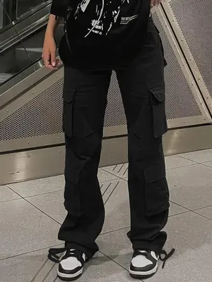 Women's Plain Multi-pocket Button Straight Leg Pants, Casual High Waist Zipper Cargo Pants for Daily Wear, Ladies Bottoms for...