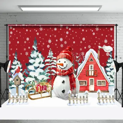 Snowman House Red Painting Christmas Photo Backdrop - Aperturee