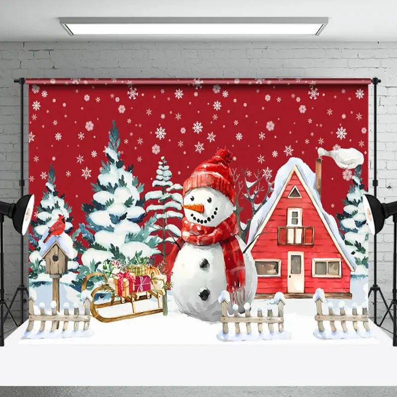 Snowman House Red Painting Christmas Photo Backdrop - Aperturee